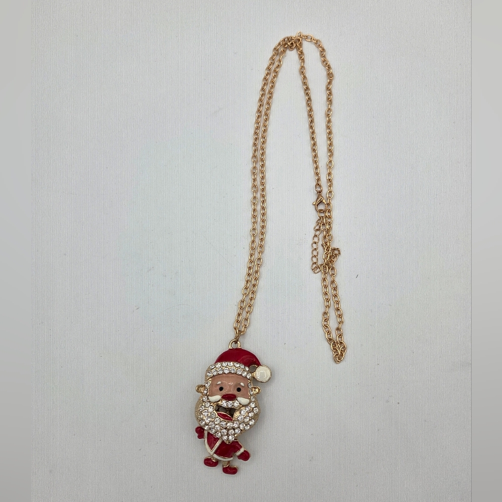 Fashion Santa Christmas Pendant Necklace Red Enamel Rhinestone
